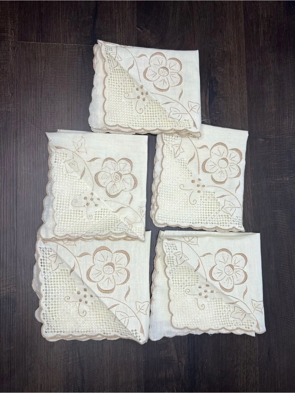 Set of Five Vintage Off White and Brown Napkins